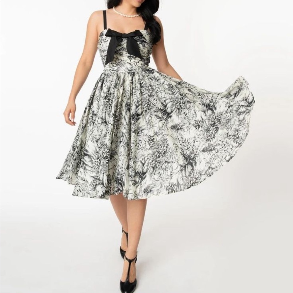 Unique Vintage black and white Toile Golightly Swing Dress